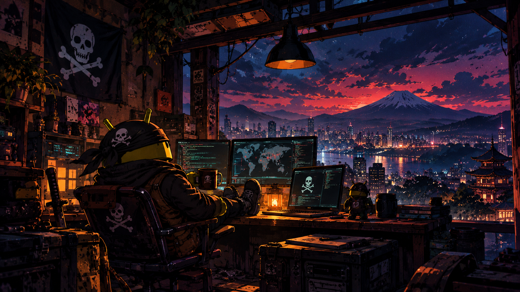 Neon Pirate Hacker’s Rooftop Hideout