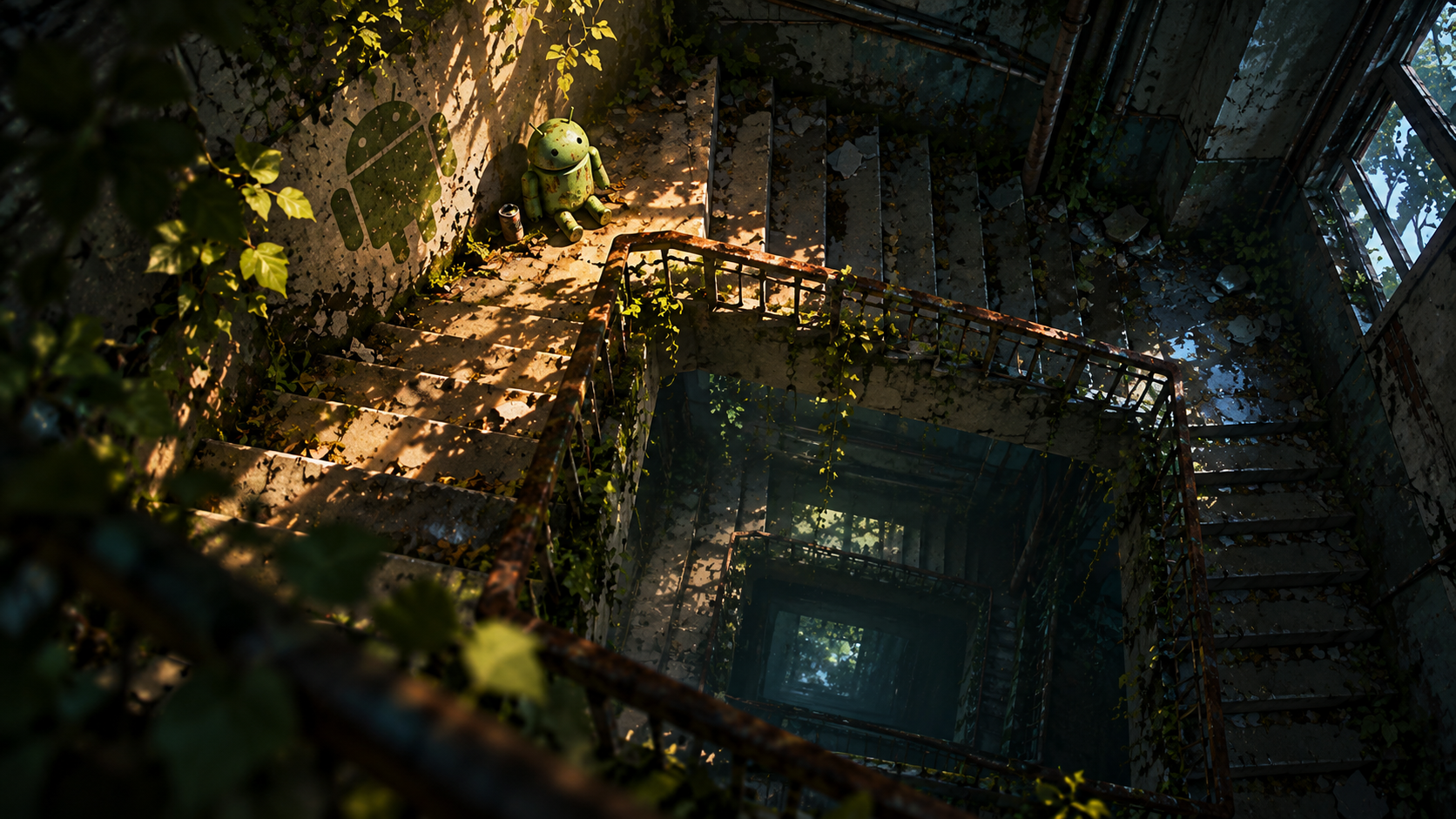 Overgrown Android in Abandoned Stairwell