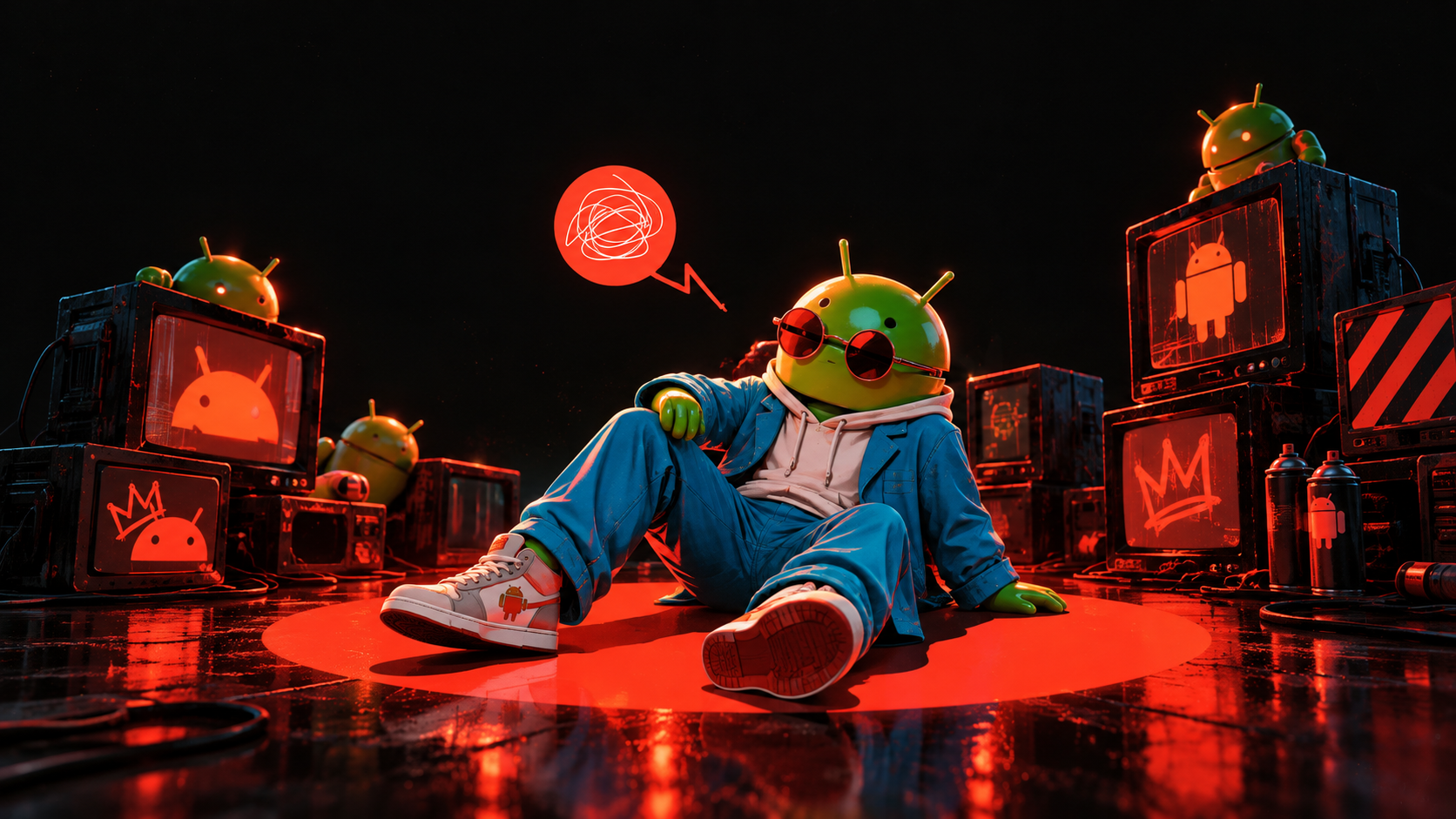 Rebel Android in Neon CRT Alley