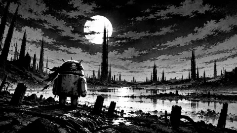 Rusty Android Under a Wasteland Moon Wallpaper #1619