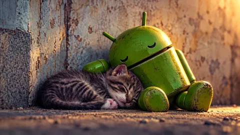 Sleeping Android and Kitten Cuddle