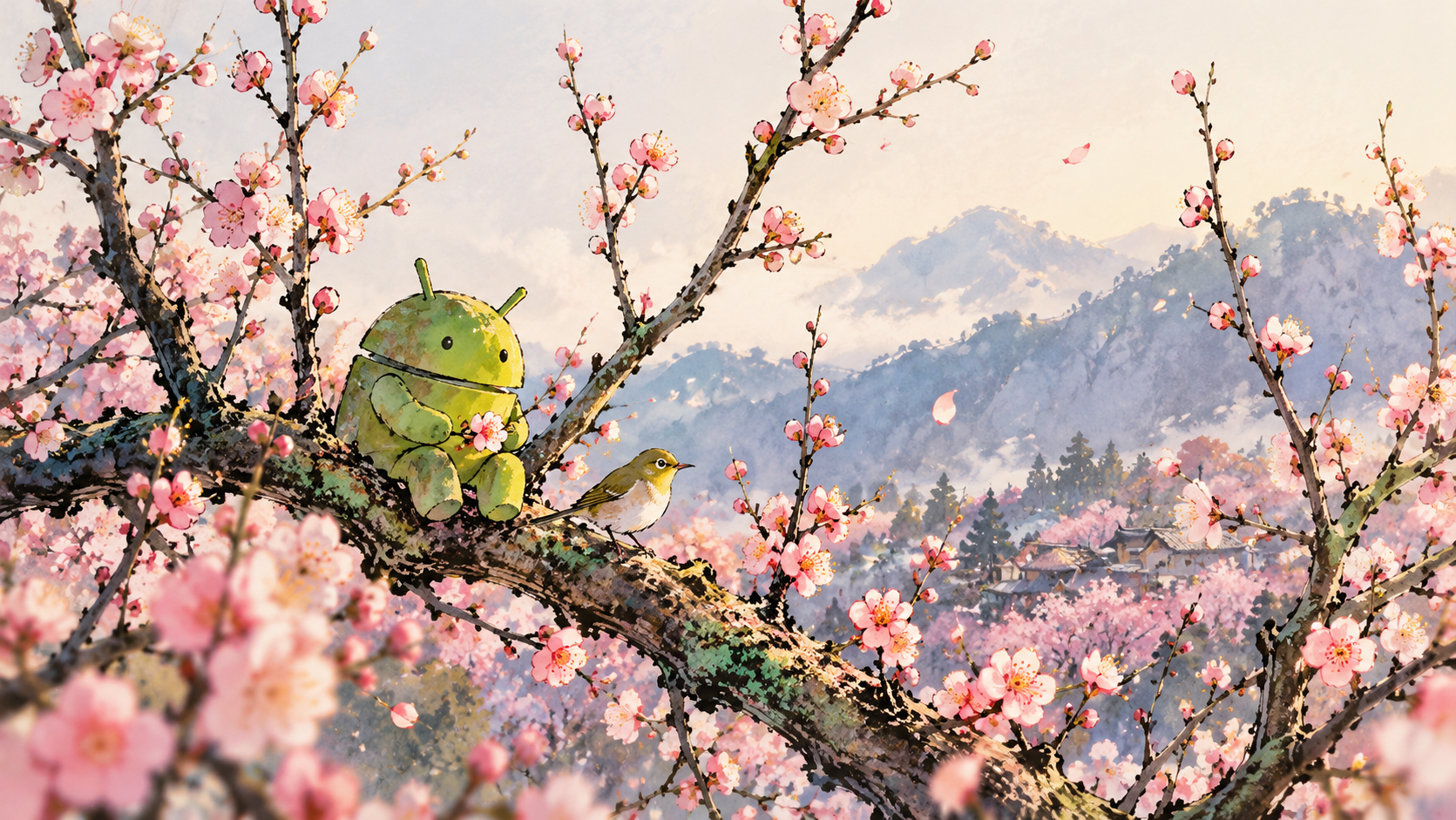 Watercolor Android Among Cherry Blossoms