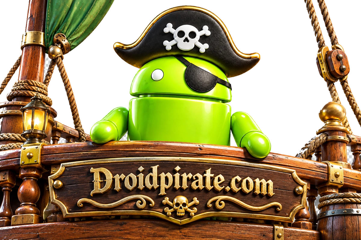 The DroidPirate app’s green captain aboard his carved wooden ship